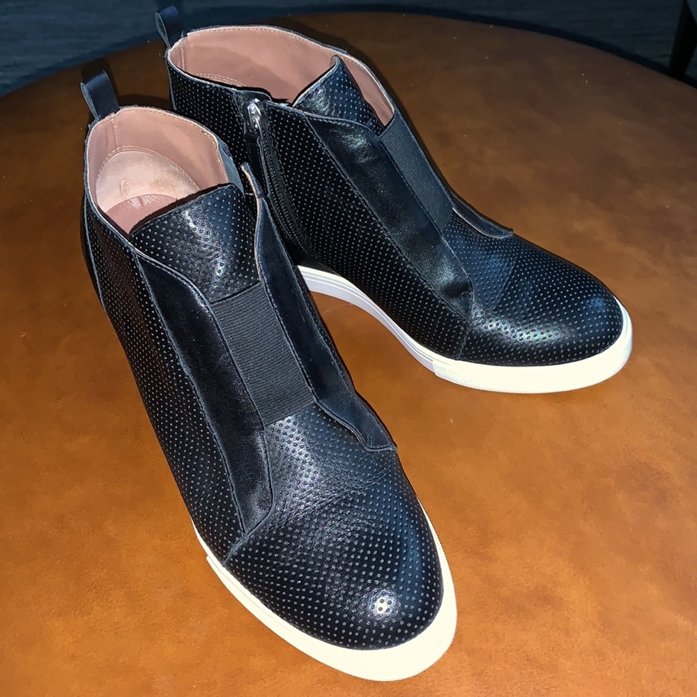 L. Paolo black perforated leather platform wedge sneaker bootie